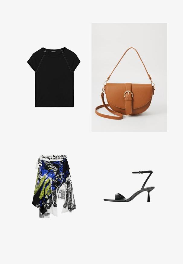 Sort kortærmet top med rund halsudskæring og kontrastfarvet hvid syning langs skuldre og sider. Blødt, glat stof.; Desigual ASYMMETRIC - Maxinederdele - black; Bershka Højhælede sandaletter / Højhælede sandaler - black; Brun læder crossbody taske med en buet form, guldfarvet hardware og en spændeaccent. Har en aftagelig skulderrem.