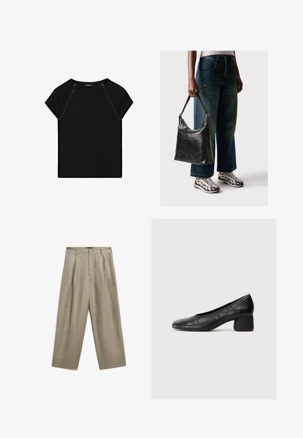 Black short-sleeve top featuring a round neckline and contrast white stitching along the shoulders and sides. Soft, smooth fabric.; Khaki linen trousers with a loose fit, featuring a front button closure and pleated design. Short, straight legs and smooth texture.; Black leather pump with a rounded toe and mid-block heel. Smooth texture with minimal detailing, featuring a subtle elastic opening.; Black leather shoulder bag with a smooth texture and adjustable strap, paired with faded wide-leg jeans and athletic sneakers.