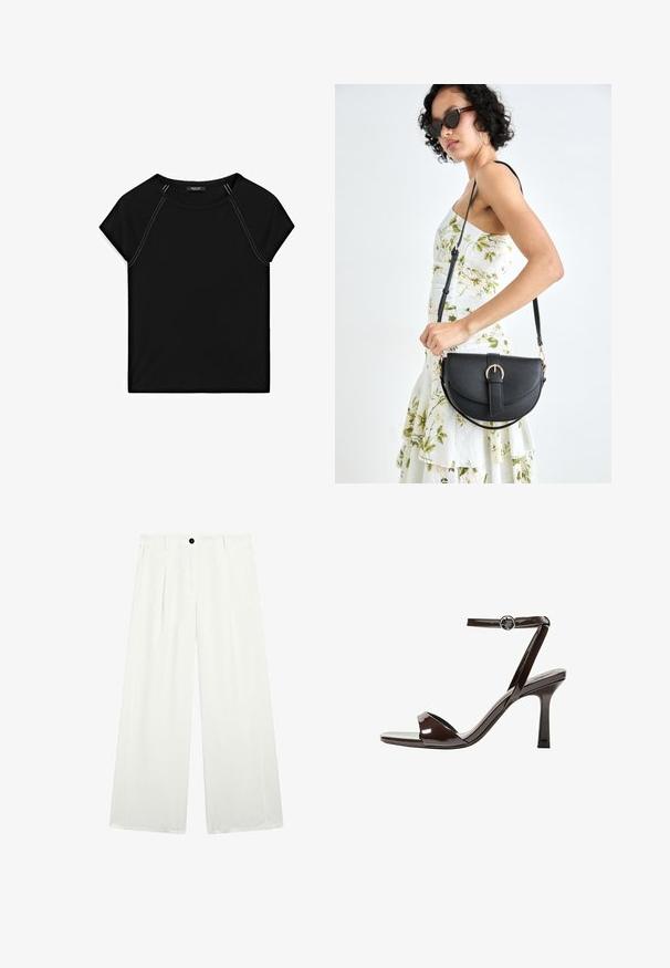 Top nero a maniche corte con scollatura rotonda e cuciture bianche in contrasto lungo le spalle e i lati. Tessuto morbido e liscio.; Pantaloni a gamba larga in tessuto bianco, con un singolo bottone nero in vita, due tasche frontali e una texture liscia e croccante.; Sandalini con tacco alto in pelle verniciata marrone, con cinturino alla caviglia, punta aperta e un design elegante e minimalista. Presentano un tacco quadrato.; Borsa a tracolla nera in pelle con una forma curva, manico rimovibile e accessori dorati. La borsa presenta una patta con un dettaglio a fibbia.