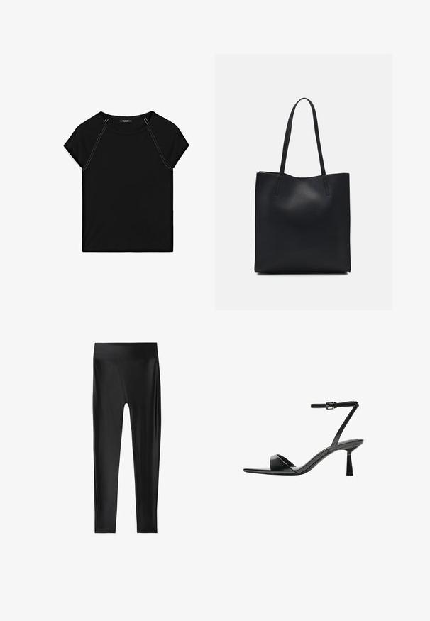 Sort kortærmet top med rund halsudskæring og kontrastfarvet hvid syning langs skuldre og sider. Blødt, glat stof.; Sorte leggings med en glat, blank tekstur, der har høj talje og fuld længde, uden synlige mønstre eller accenter.; Bershka Højhælede sandaletter / Højhælede sandaler - black; Sort læder tote taske med glat tekstur, rektangulær form og to lange hanke. Ingen synlig hardware eller udsmykninger.