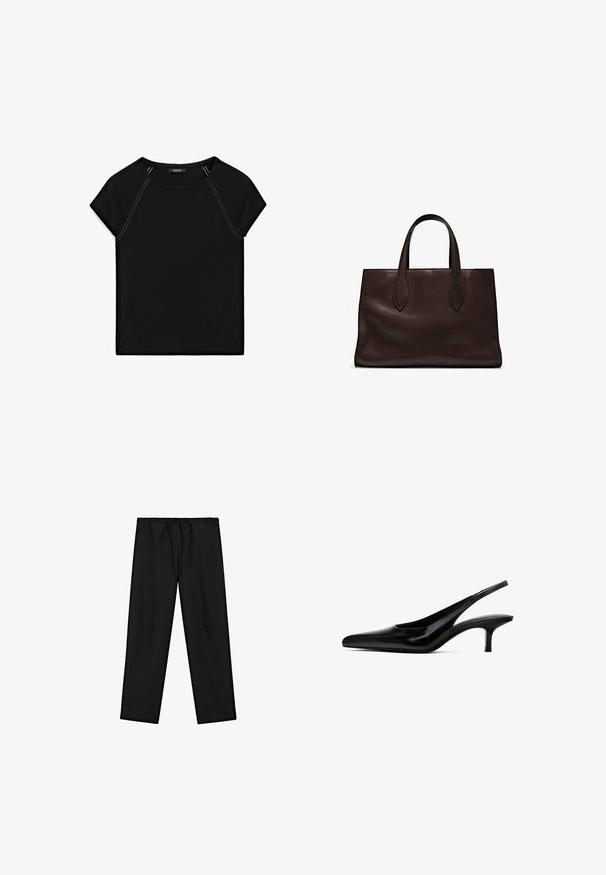 Schwarzes Kurzarmoberteil mit rundem Halsausschnitt und kontrastierendem weißen Nähten an den Schultern und Seiten. Weicher, glatter Stoff.; Schwarze, lockere Hose mit einem elastischen Bund und Kordelzug. Verfügt über zwei Seitentaschen und eine glatte Textur. Lässiges Design.; Schwarzer Slingback-Schuh mit spitzem Zehenbereich, glänzender Lederoberfläche und dünnem, niedrigem Absatz. Verfügt über einen Ausschnitt an der Seite für Atmungsaktivität.; Braune Ledertasche mit zwei langen Griffen, strukturierte rechteckige Form, glatte Textur und dezente Nähdetails.