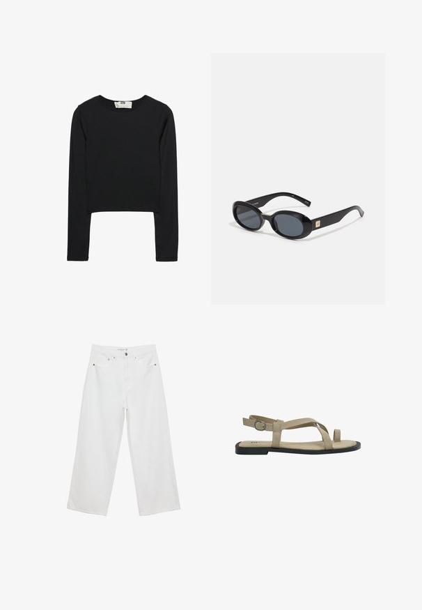 Čierny crop top s dlhým rukávom vyrobený z ľahkej látky, s okrúhlym výstrihom a priliehavým strihom, s čistými švami a bez ozdôb.; Biele široké džínsy z denimu s vysokým pásom, vybavené piatimi vreckami a kovovými doplnkami. Hladká textúra, žiadne viditeľné vzory.; Béžové semišové sandále s plochou podrážkou, s krížovými popruhmi a nastaviteľnou sponou na zadnej strane. Minimalistický dizajn a otvorená špička.; Čierne oválne slnečné okuliare s tmavými sklami, lesklý plastový rám, široké ramená a malý zlatý akcent na jednej strane.; Čierna kožená hobo taška s mäkkým, zakriveným tvarom. Má široké vrchné uško a nariasenie na spodnej časti, čo vytvára voľný vzhľad.