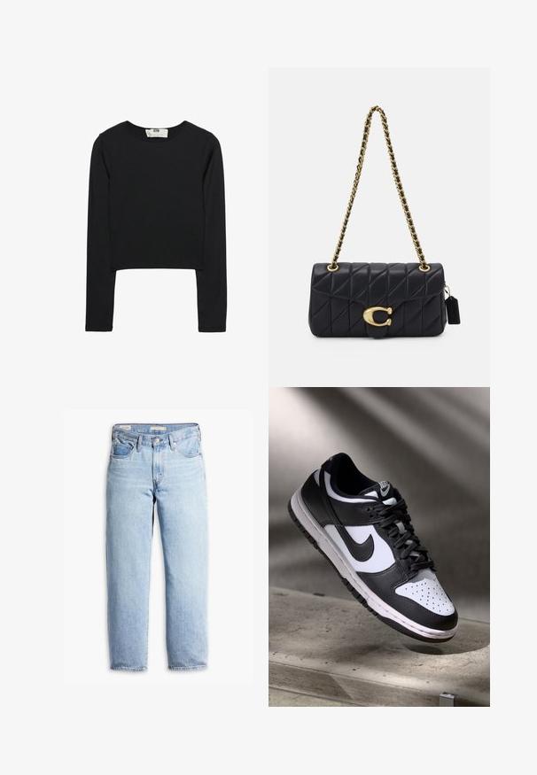 Crna kratka majica dugih rukava od lagane tkanine, s okruglim izrezom i prilagođenim siluetom, s čistim šavovima i bez ukrasa.; Svijetloplavi traperice visoki struk, ravnog kroja, s petljicama za pojas, prednjim dugmetom, zatvaranjem na munje i pet džepova.; Crno-bijeli Nike Dunk Low tenisice s kožnim gornjištem, perforiranim prednjim dijelom, crnim vezicama, s bijelim đonom i logom.; Crna kvačasta torba s zlatnim lancem, s karakterističnim zlatnim kopčanjem i malom oznakom, koja prikazuje teksturiranu kožnu površinu.