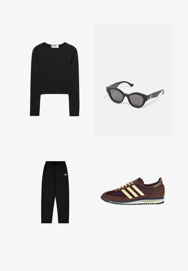 Sort langærmet crop top lavet af letvægts stof, med rund halsudskæring og tætsiddende silhuet, med rene sømme og ingen udsmykninger.; Sorte sweatpants lavet af blødt stof med elastisk talje, snor og sidelommer. Har et lille hvidt logo på låret.; Brune og bordeaux sneakers lavet af ruskind og mesh-materialer, med tre cremefarvede striber, tekstureret stof på tungen, og en gummisål.; Sorte solbriller med en kantet katteøje-form, der har mørkt tonede linser. Guld logo detaljeret på stangen. Glat plastikramme.