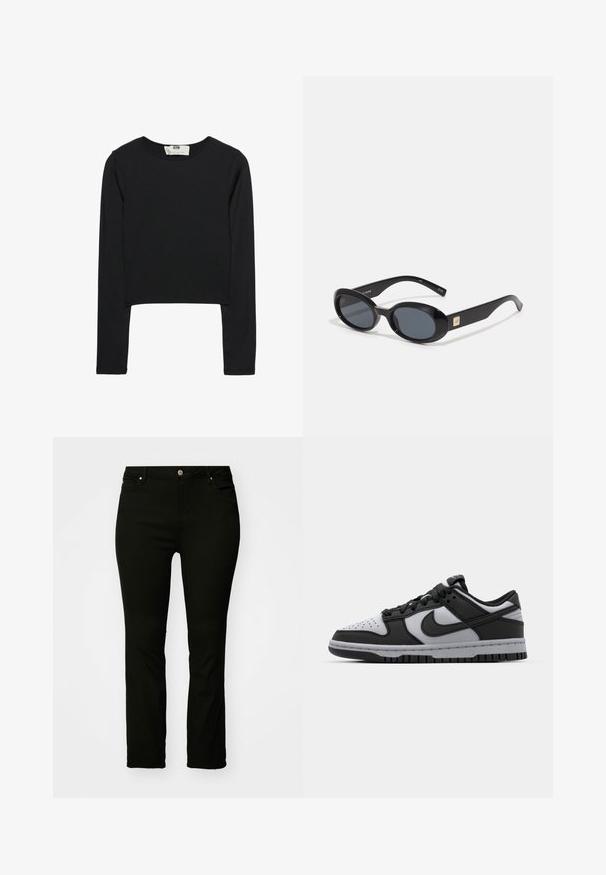 Schwarzes Langarm-Crop-Top aus leichtem Stoff, mit rundem Ausschnitt und taillierter Silhouette, sauberen Nähten und ohne Verzierungen.; Schwarze Denim-Jeans mit geradem Schnitt, Fünf-Taschen-Design, Metallknopf und dezenten Nähdetails. Glatte Textur, vielseitiger Stil.; Schwarze und graue Nike Dunk Low-Top-Sneaker mit perforierter Zehenpartie, glatten Lederakzenten und Gummisohle mit strukturiertem Profil.; Schwarze ovale Sonnenbrillen mit dunklen Gläsern, glänzendem Kunststoffrahmen, breiten Bügeln und einem kleinen goldenen Akzent auf einer Seite.