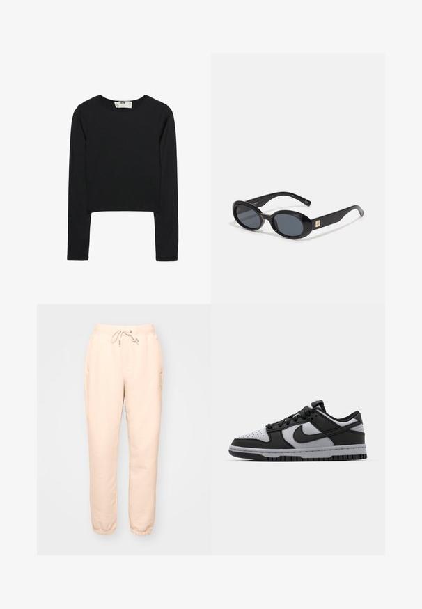 Černý crop top s dlouhými rukávy vyrobený z lehkého materiálu, s kulatým výstřihem a přiléhavým střihem, s čistými švy a bez ozdob.; béžové tepláky s elastickým pasem, nastavovací šňůrkou, bočními kapsami a elastickými manžetami na kotnících. Měkká, strukturovaná látka.; Černé a šedé nízké tenisky Nike Dunk s perforovanou špičkou, hladkými koženými akcenty a gumovou podrážkou s texturovaným vzorem.; Černé oválné sluneční brýle s tmavými skly, lesklým plastovým rámem, širokými stranami a malým zlatým detailem na jedné straně.