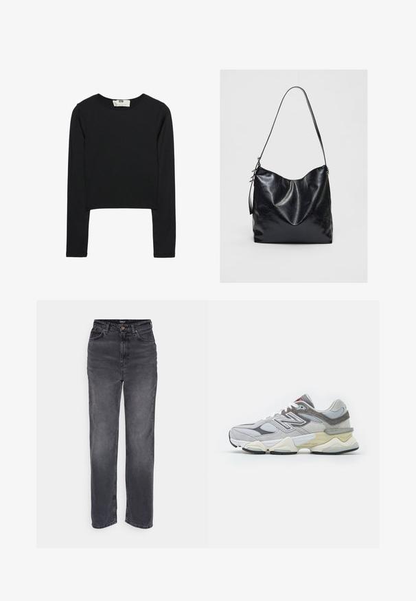 Čierny crop top s dlhým rukávom vyrobený z ľahkej látky, s okrúhlym výstrihom a priliehavým strihom, s čistými švami a bez ozdôb.; Džiny s vysokým pásom a rovnými nohavicami v tmavošedej denimovej farbe. Obsahujú zapínanie na gombík a klasický päť vreckový dizajn s jemným vyblednutím.; Šedé semišové a sieťové tenisky s hrubou bielou a béžovou podošvou, ktoré majú výrazné biele logo a červené akcenty.; Čierna kožená taška cez plece s mäkkým, textúrovaným povrchom. Má zakrivený dizajn a jeden nastaviteľný popruh. Žiadny ďalší kovový prvok.; Strieborné náušnice vo forme kolíkov s hladkým, zakriveným dizajnom. Majú lesklý povrch a zapínanie na kolík pre bezpečné nosenie.