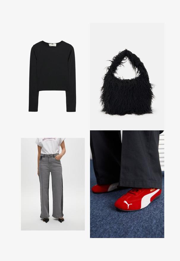 Crna kratka majica dugih rukava od lagane tkanine, s okruglim izrezom i prilagođenim siluetom, s čistim šavovima i bez ukrasa.; Sive široke traperice s crnim bočnim panelima, koje imaju prednje džepove, kopčanje na gumbi i ravni kroj. Glatka traper tkanina.; Crvene od nubuka tenisice s bijelim detaljima, sa teksturiranim materijalom, okruglim vrhom i zlatnim logom sa strane, nosi se s crnim hlačama.; Even&Odd Velika torba - black