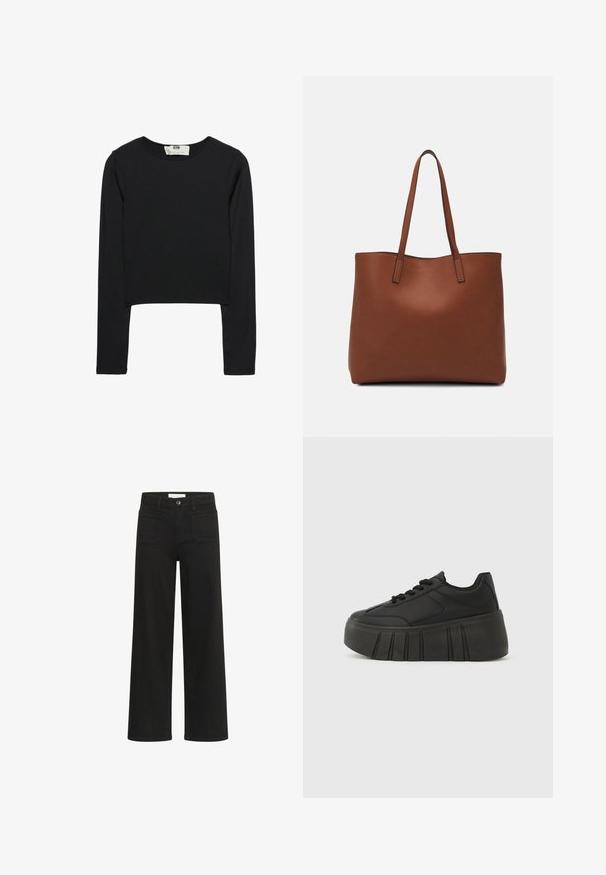 Schwarzes Langarm-Crop-Top aus leichtem Stoff, mit rundem Ausschnitt und taillierter Silhouette, sauberen Nähten und ohne Verzierungen.; Kaffe KABROOK HW REG FIT - Flared Jeans - black deep; Schwarze Plateau-Sneaker mit glattem synthetischem Obermaterial, abgerundetem Zehenbereich, Schnürdesign und dicker, profilierter Sohle für zusätzliche Höhe.; Braune Leder-Tote mit glatter Textur, offenem Oberteil und zwei Schulterriemen. Verfügt über minimale Nähte und keine sichtbaren Beschläge.