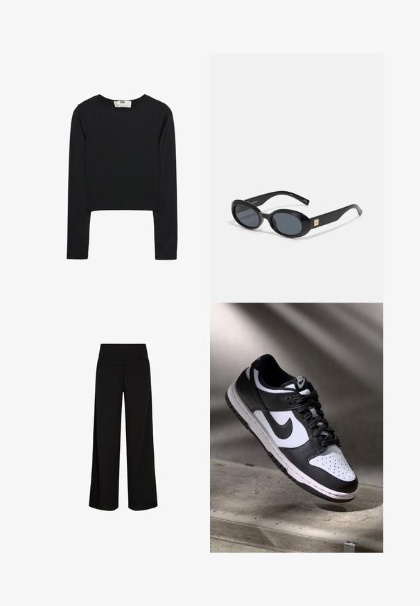 Crop top nero a maniche lunghe realizzato in tessuto leggero, con scollo rotondo e silhouette aderente, caratterizzato da cuciture pulite e senza decorazioni.; Pantaloni neri a gamba larga con una cintura morbida ed elastica. Tessuto liscio, design a lunghezza piena, senza chiusure visibili o motivi.; Sneaker Nike Dunk Low in bianco e nero con tomaia in pelle, punta perforata e lacci neri, caratterizzata da una suola bianca e dettagli del logo.; Occhiali da sole ovali neri con lenti scure, montatura in plastica lucida, aste larghe e un piccolo accent in oro su un lato.