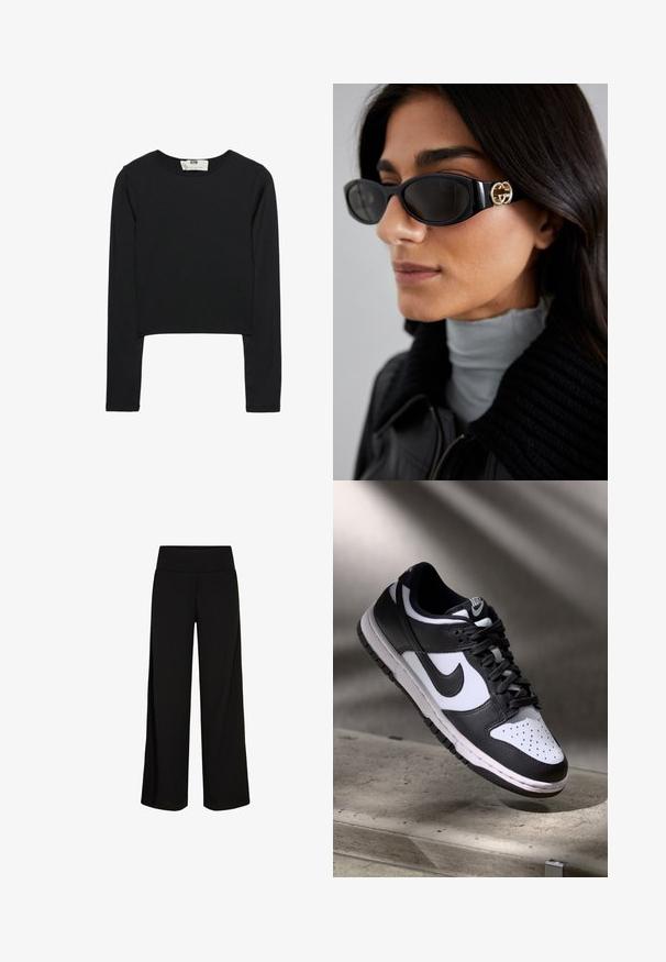 Sort langærmet crop top lavet af letvægts stof, med rund halsudskæring og tætsiddende silhuet, med rene sømme og ingen udsmykninger.; Sorte bukser med brede ben og en blød, strækbar talje. Glat stof, fuldlængde design, ingen synlige lukninger eller mønstre.; Sorthvid Nike Dunk Low sneakers med læderoverdel, perforeret tåboks og sorte snørebånd, udstyret med en hvid sål og logo accenter.; Sorte solbriller med en strømlinet rektangulær ramme og en guld logoaccent på siden. Mørke linser og blank overflade er fremtrædende.