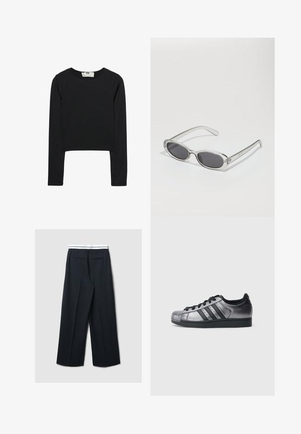 Crop top noir à manches longues en tissu léger, avec un col rond et une silhouette ajustée, doté de coutures nettes et sans embellissements.; Pantalons à jambes larges en tissu bleu marine foncé avec une texture lisse, dotés d'une taille élastique blanche et de deux poches arrière.; Baskets noires et argent métallisé avec un bout arrondi, trois bandes noires et une tige texturée. Lacets noirs et semelle en caoutchouc.; Lunettes de soleil de forme ovale, monture en plastique transparent, verres gris foncé et branches transparentes fines avec des accents de logo et un minimalisme dans les détails.