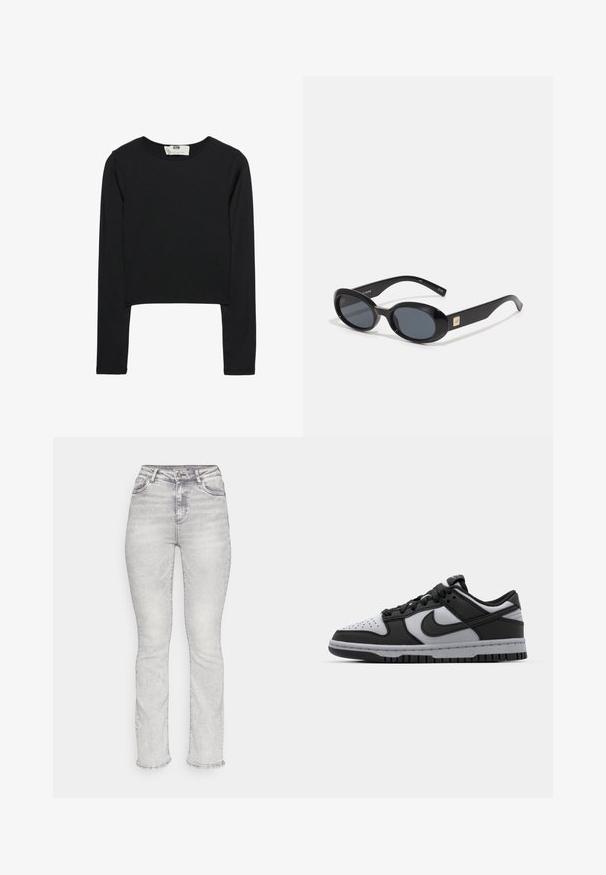 Črn dolg rokav skrajšan top iz lahkega blaga, s krožnim izrezom in prilegnjeno silhueto, s čistimi šivi in brez okrasitev.; Svetlo sivi denimski kavbojke z visokim pasom, ravnimi hlačnicami, petimi žepi in subtilnimi detajli bledenja po celotnem materialu.; Črne in sivo Nike Dunk nizke superge z perforiranim prstom, gladkimi usnjenimi detajli in gumijastim podplatom z teksturiranim vzorcem.; Črne ovalne sončna očala s temnimi lečami, sijajnim plastičnim ohišjem, širokimi ročaji in majhnim zlatim naglavkom na eni strani.