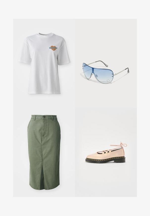 Carhartt WIP GROWTH - Printtipaita - white stone washed; Oliivinvihreä farkkuhame, jossa on puolipitkä leikkaus, etureikä, perinteinen vyötärölinja nappikiinnityksellä ja ommeltuja yksityiskohtia saumoissa.; Vaaleanpunainen nahkakenkä pyöreällä varvalla, nauhoitustiedot ja musta platform-pohja, jossa on keltaista ommelta.; Aviator-mallin aurinkolasit, jotka ovat varustettu gradienttisilla sinisillä linsseillä, hopeisella metallikehyksellä ja koristeellisilla tähtikoristeilla linsseissä. Joustava ja viehättävä muotoilu.