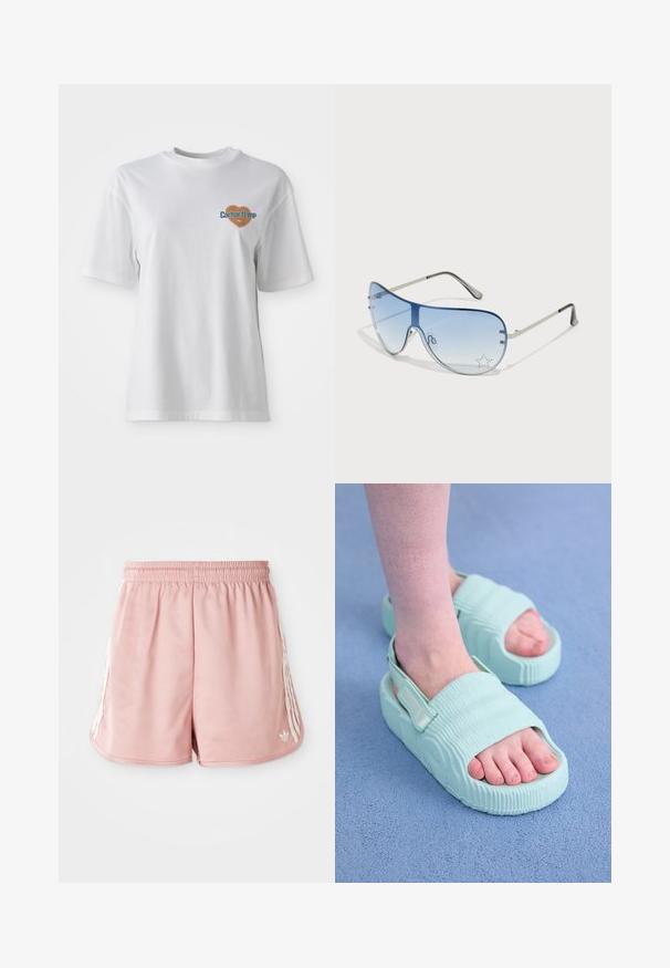 Carhartt WIP GROWTH - Triko s potiskem - white stone washed; Růžové sportovní šortky s elastickým pasem, bočními bílými pruhy a malým logem na levém dolním předním dílu. Hladký povrch tkaniny.; Světlé modré sandály s vroubkovanou texturou, otevřenou špičkou, nastavitelným popruhem a silnou podrážkou, vyrobené z hladkého, flexibilního materiálu.; Pilotské sluneční brýle s modrými gradientními skly, stříbrným kovovým rámem a dekorativními hvězdnými akcenty na sklech. Hladký a elegantní design.