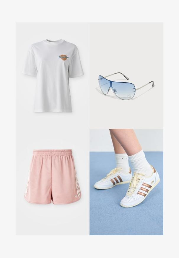 Carhartt WIP - T-shirt z nadrukiem; Różowe sportowe spodenki z elastycznym pasem, z białymi paskami po bokach oraz małym logo na dolnej lewej przedniej części. Gładka tekstura materiału.; Białe trampki z brązowymi paskami, teksturowana skóra, żółte sznurówki i perforowane detale. Noszone z białymi, prążkowanymi skarpetkami na miękkiej niebieskiej powierzchni.; Okulary przeciwsłoneczne typu aviator z gradientowymi niebieskimi szkłami, srebrną metalową oprawą oraz dekoracyjnymi akcentami w kształcie gwiazdek na soczewkach. Gładki i elegancki design.