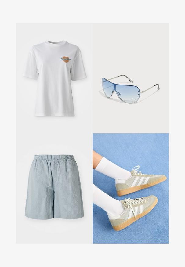 Carhartt WIP GROWTH - T-shirts print - white stone washed; Lysblå, teksturerede shorts med elastisk talje, der har en afslappet pasform og ingen synlige lommer eller metaldele.; Lys grå ruskinds sneakers med hvide gummidetaljer, der har tre hvide striber og en gummisål, båret med hvide sokker på en blå baggrund.; Aviator-solbriller med gradient blå linser, sølvmetalramme og dekorative stjerneakcenter på linserne. Glat og strømlinet design.
