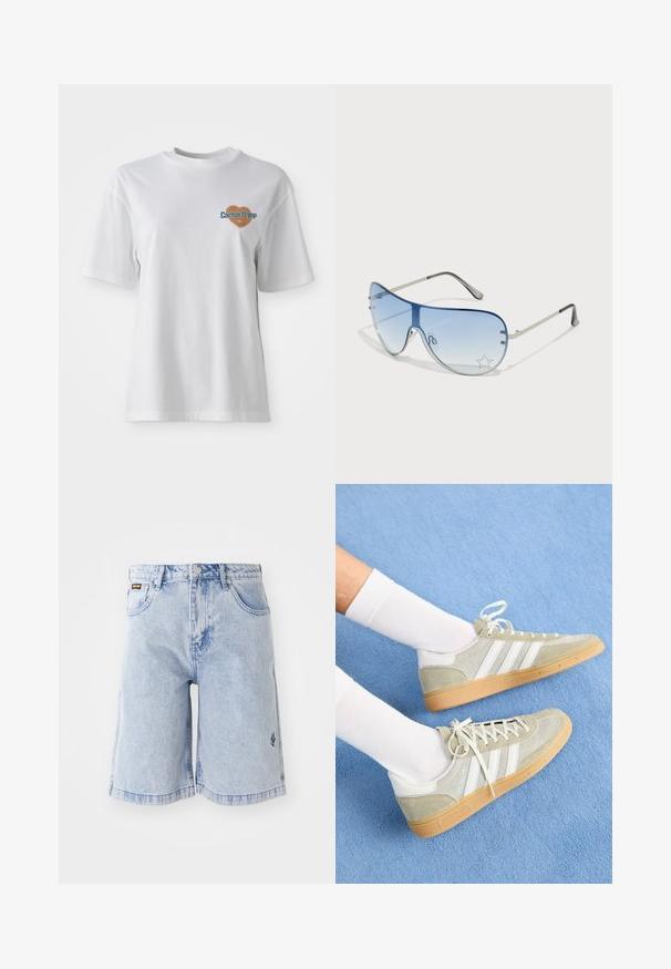 Carhartt WIP GROWTH - Nyomott mintás póló - white stone washed; Világoskék farmer rövidnadrág magas derekú szabással, laza fazonnal és elülső zsebekkel. Díszöltések és márkafelirat hímezve az oldalon.; Világosszürke velúr sportcipők fehér gumitartozékokkal, három fehér csíkkal és rágózott outsole-lal, fehér zoknikkal viselve, kék háttér előtt.; Pilóta napszemüveg, melynek áttetsző kék lencséje, ezüst fém kerete és díszes csillag díszítések találhatók a lencsén. Simogató és elegáns dizájn.