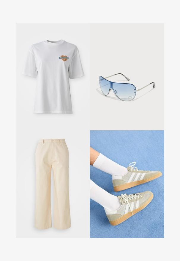 Carhartt WIP GROWTH - T-shirts med print - white stone washed; Lys beige vide bukser laget av bomull med en jevn tekstur, med frontlukking med knapp og sidelommer.; Lys grå semsket lær sneakers med hvite gummidetaljer, med tre hvite striper og en gummisåle, brukt med hvite sokker på en blå bakgrunn.; Pilotbriller med gradient blå linse, sølvfarget metallramme og dekorative stjerneaksenter på linsen. Glatt og stilren design.