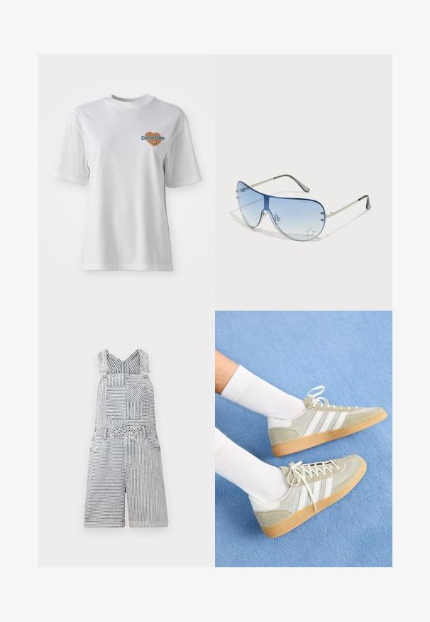 Carhartt WIP GROWTH - Apdrukāts T-krekls - white stone washed; Svītraini džinsu kombinezoni ar kvadrātveida kabatu, regulējamiem plecu siksnām un plašu kakla izgriezumu. Iespējo brīvu piegriezumu īsos svārkos.; Gai pelēki zamšāda sporta apavi ar baltām gumijas detaļām, ar trim baltām svītrām un gumijas zoli, valkāti ar baltām zeķēm uz zila fona.; Pilotstila saulesbrilles ar gradienta zilām lēcām, sudraba metāla rāmjiem un dekoratīvām zvaigžņu akcentiem uz lēcām. Gluda un eleganta dizaina.