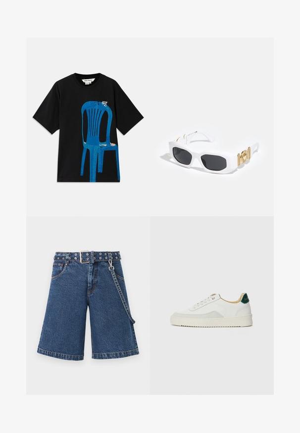 Black cotton T-shirt featuring a blue printed chair design on the front. Short sleeves and a round neckline. Simple text above the chair.; Denim shorts in dark blue, wide-cut design with a belted waist featuring metallic grommets, finished with contrasting stitching and a side chain.; White sneaker with suede accents, rounded toe, flat laces, and a cream rubber sole. Features green branding on the heel.; White sunglasses with angular frames, black lenses, and gold medallion accents on the temples. Made of plastic with a smooth texture.