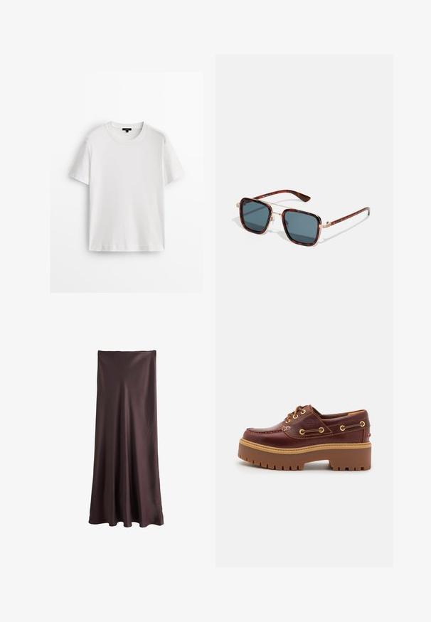 T-shirt bianca in cotone con maniche corte, scollatura a girocollo e vestibilità rilassata. Texture liscia e design semplice, senza motivi o dettagli.; Gonna marrone lunga fino al pavimento realizzata in tessuto leggero e morbido. Presenta un design semplice e fluente senza motivi o accenti visibili.; Scarpa da barca in pelle marrone con suola in gomma marrone robusta, occhielli dorati e cuciture a contrasto. Presenta un logo sul lato.; Occhiali da sole tartarugati con lenti grigie scure, forma quadrata, dettagli in metallo dorato e steli sottili con un particolare motivo a strisce.