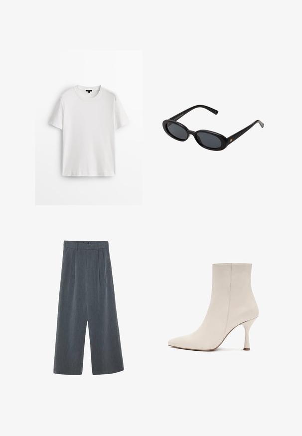 White cotton t-shirt with short sleeves, crew neckline, and a relaxed fit. Smooth texture and simple design, no patterns or accents.; Wide-leg trousers in dark gray, featuring a textured fabric, pleated front, and a high waist design with a smooth waistband.; Derimod Classic ankle boots - creme; Black oversized sunglasses with oval lenses, smooth plastic frame, and gold accents on temple. Dark lenses provide sun protection.; Dark blue leather shoulder bag with detachable strap, silver clasps, and subtle vertical logo detail on front center.