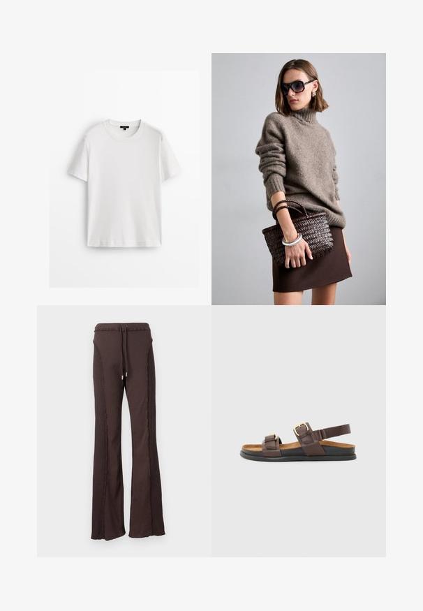 White cotton t-shirt with short sleeves, crew neckline, and a relaxed fit. Smooth texture and simple design, no patterns or accents.; Brown ribbed flared pants with a drawstring waist and decorative stitching along the sides. Soft texture with a relaxed fit.; Brown leather sandals featuring two adjustable straps with metallic buckles, a cushioned insole, and a flexible black rubber sole.; DRAGON DIFFUSION MINI FLAT GORA - Handbag - dark brown