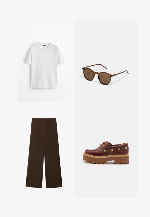 Biała bawełniana koszulka z krótkim rękawem, okrągłym dekoltem i luźnym krojem. Gładka tekstura i prosty design, bez wzorów i akcentów.; Szerokie spodnie wykonane z gładkiej, ciemnobrązowej tkaniny. Posiadają wysoki pas i minimalistyczny design bez ozdób.; Brązowe skórzane buty typu boat shoe z grubą brązową gumową podeszwą, złotymi oczkami i kontrastowym szwem. Posiadają logo na boku.; Okrągłe okulary przeciwsłoneczne z oprawką w kolorze żółwia i brązowymi soczewkami. Posiadają cienkie zauszniki z delikatną fakturą oraz metalowe akcenty w pobliżu soczewek.