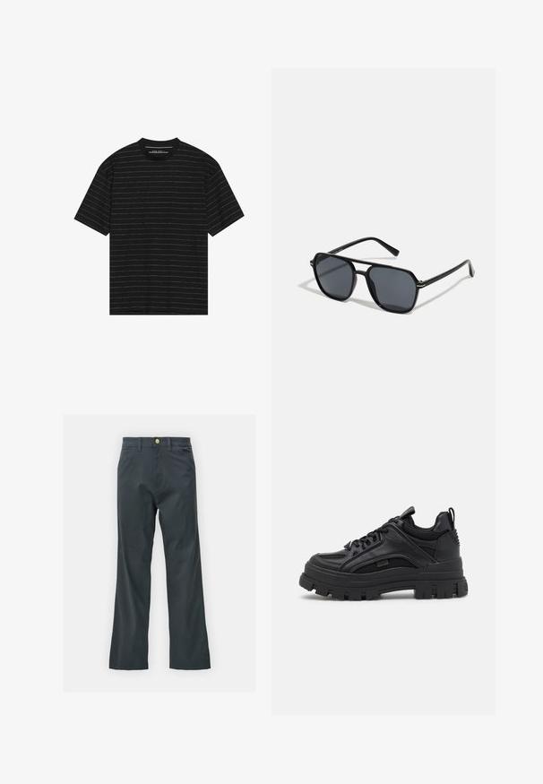 Juoda trumpa rankovė T-marškiniai su plonomis baltomis horizontaliomis juostelėmis. Pagaminti iš minkštos medžiagos, turi apvalią iškirptę ir laisvą siluetą.; Juodos kelnės su tiesiu kirpimu, pagamintos iš medvilnės mišinio. Turi metalinį mygtuką ir šonines kišenes. Be matomų raštų.; Juodi masyvūs kedai su deriniu odos ir tinklo medžiagų, storu padu, raištelių užsegimu ir galiniu kilputė.; Juodos akiniai nuo saulės su aštuonkampiu rėmeliu, tamsiais objektyvais, blizgiu paviršiumi, plonomis šakutėmis ir auksinėmis akcentais priekyje.