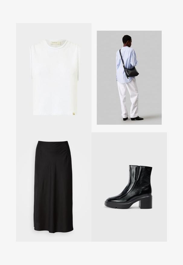 Bílý bezrukávový pletený top s kulatým výstřihem, žebrovaným lemem a detaily bočního prošití; zdobí ho malá značková etiketa na spodním lemu.; Černá midi sukně vyrobená z měkké, lehké látky. Má hladký elastický pas a splývavou siluetu s mírně áčkovým tvarem.; Černé lakované kotníkové boty s zakřivenou špičkou, elastickými bočními panely a robustním blokovým podpatkem. Na zadní straně se nachází embosované logo.; Černá kožená kabelka přes rameno s jemnou texturou, trojúhelníkovým tvarem a nastavitelným popruhem, v kombinaci se světle modrou pruhovanou košilí a bílými kalhotami.