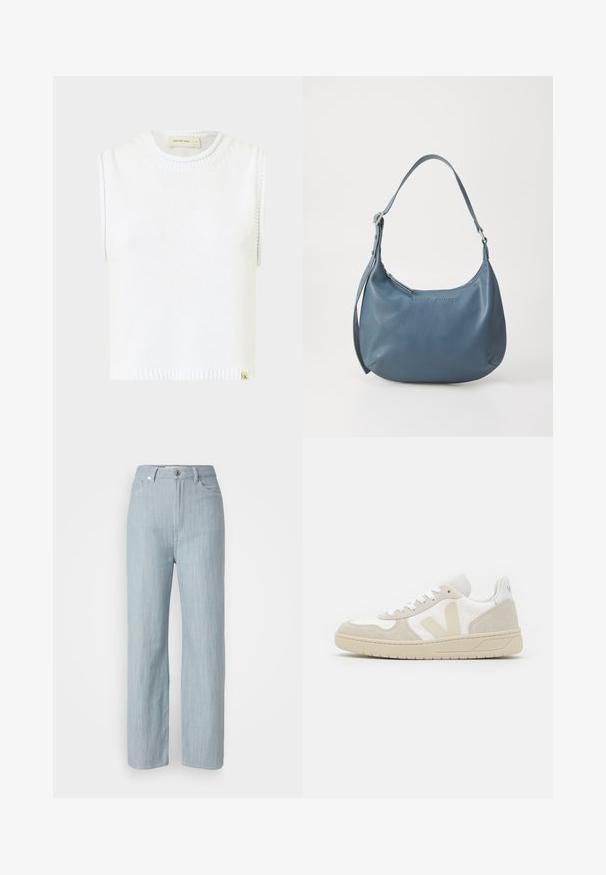 White sleeveless knit top with a round neckline, ribbed hem, and side stitching details; features a small branded tag at the bottom.; Light blue straight-leg jeans made of denim. Features five pockets, a metal button closure, and subtle whiskering for texture.; White and beige sneakers with a textured fabric upper, suede accents, and a thick rubber sole; features a prominent V logo on the side.; Blue leather handbag with a rounded shape, single shoulder strap, zip closure, and embossed brand name on the front. Smooth texture.