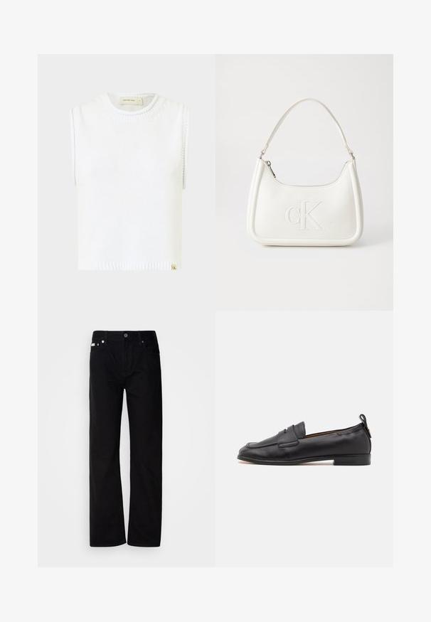 Hvit ermeløs strikket topp med rund halslinning, ribbet kant og sidesøm detaljer; har et lite merketag nederst.; Svart denim rettfittede bukser med fem lommer, sølvnitter og knappestolpe. Stoffet har en glatt, lett teksturert overflate.; BOSS AVYLIN LOAFER - Slippers - black; Hvit lærveske med en buet fasong, med et preget "CK"-logo på forsiden og en enkel skulderstropp. Glidelåslukking på toppen.
