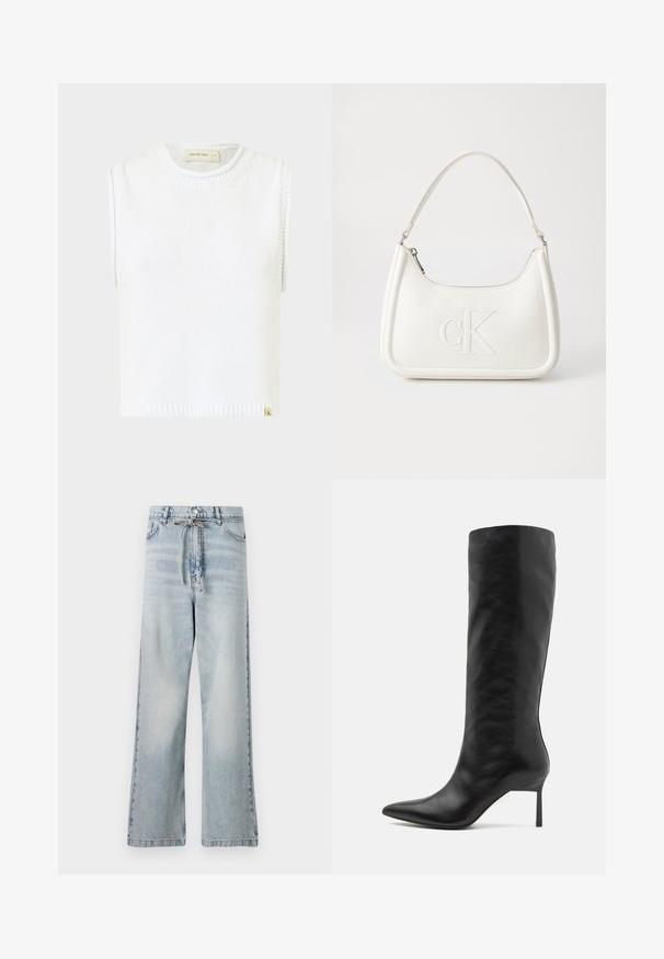 Hvit ermeløs strikket topp med rund halslinning, ribbet kant og sidesøm detaljer; har et lite merketag nederst.; Lyseblå vide jeans laget av denim, med høy midje, frontlommer og snøring i midjen. Slitt tekstur.; Sorte skinnhøye støvler med spiss tå, slank stiletthæl og en glatt finish. Enkelt design uten synlige mønstre eller detaljer.; Hvit lærveske med en buet fasong, med et preget "CK"-logo på forsiden og en enkel skulderstropp. Glidelåslukking på toppen.