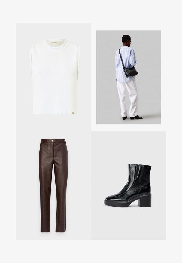 Balta bez piedurknēm adīta tops ar apaļu kakla izgriezumu, ribota apakšmala un sānu šuvi detaļām; apakšā ir neliels zīmola etiķete.; Brūnas mākslīgās ādas bikses ar krokodila tekstūru. Tām ir pieguļošs dizains, priekšējā pogu aizdare un taisnas kājas.; Melnas lakotas ādas potītes zābaki ar izliekto purngalu, elastīgām sānu paneļiem un masīvu blokveida papēdi. Aizmugurē ir izsistā logo.; Melna ādas plecu soma ar mīkstu tekstūru, trīsstūra formu un regulējamu siksnu, apvienota ar gaiši zilu svītrotu krekli un baltām biksēm.