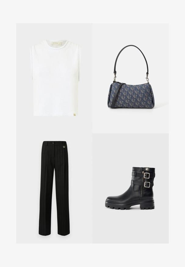 Hvit ermeløs strikket topp med rund halslinning, ribbet kant og sidesøm detaljer; har et lite merketag nederst.; Sorte pinstripede bukser med brede ben, utstyrt med beltestropper, knappelukking og et teksturert stoff. Pyntet med diskret gullhardware.; Svart lær ankelstøvel med doble spenne detaljer, glidelås, kraftig såle og jevn tekstur. Har et robust og stilfullt design.; Blåmønstret håndveske laget av stoff, med buet form, svart lærreim og logodesign i en lysere nyanse.