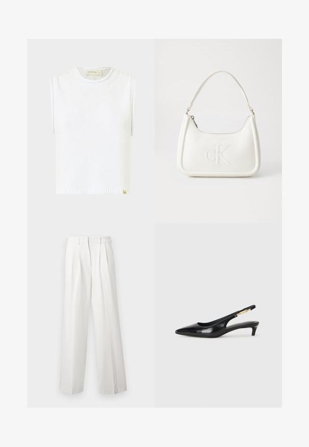 Top de punto sin mangas en blanco con escote redondo, dobladillo acanalado y detalles de costura lateral; cuenta con una pequeña etiqueta de marca en la parte inferior.; Pantalones blancos plisados con un diseño de pierna ancha. Fabricados en una tela suave, cuentan con una cinturilla ajustada y dobladillos limpios y rectos.; Tacones negros de piel sintética tipo slingback con punta afilada, que cuentan con un tacón delgado y un detalle en tono dorado en la correa ajustable. Textura suave.; Bolso de mano de cuero blanco con forma curvada, con un logo "CK" en relieve en la parte delantera y una sola correa para el hombro. Cierre de cremallera en la parte superior.