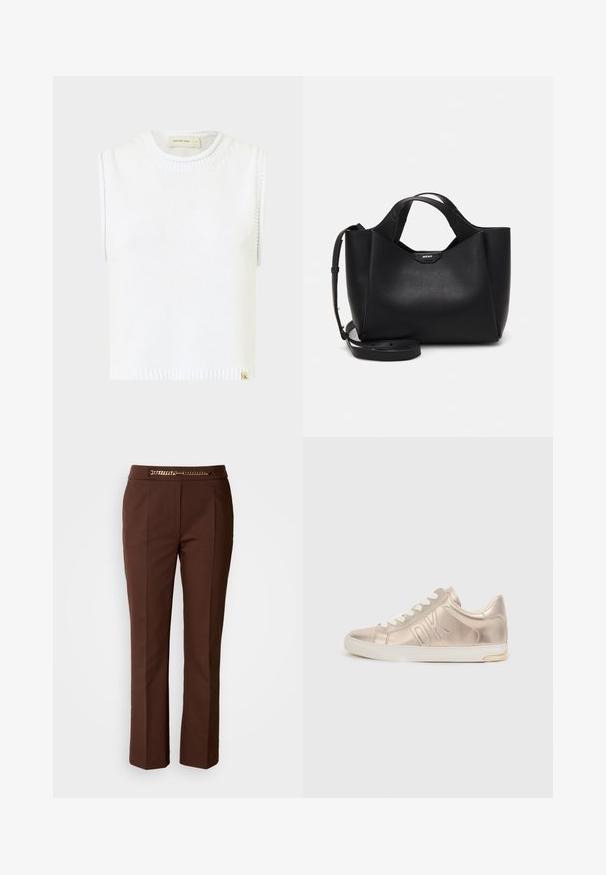 Top in maglia bianco senza maniche, con scollatura rotonda, orlo a coste e dettagli di cuciture laterali; presenta un piccolo etichetta con il marchio in fondo.; Pantaloni marroni su misura con una texture liscia, caratterizzati da un accento in catena dorata in vita e un design a gamba dritta.; Sneaker dorato metallizzato con lacci bianchi, caratterizzato dal logo "DK" in rilievo sul lato, punta rotonda e finitura in pelle testurizzata. Suola bianca con dettagli dorati.; Borsa a tracolla in pelle nera con finitura testurizzata, forma angolare, doppi manici e tracolla regolabile. Presenta un accento con il logo DKNY.