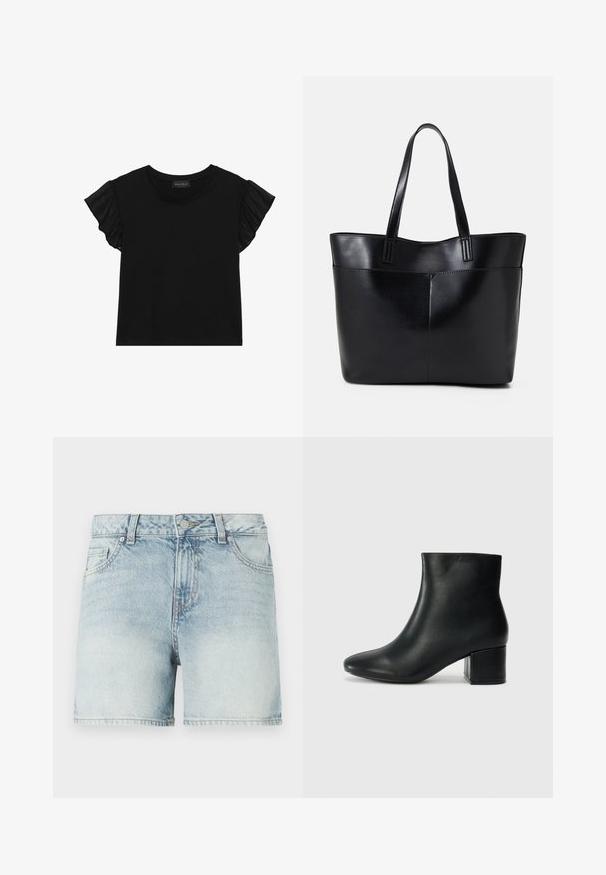 Juodas trumpomis rankovėmis marškinėliai su skaidriais volanais rankovėse. Apvalus kaklas ir prigludęs dizainas, pagamintas iš minkštos, lengvos medžiagos.; Šviesiai mėlyni džinsiniai šortai su aukštu juosmeniu, turintys mygtuko užsegimą, penkias kišenes ir subtilų blukimą, sukuriantį tekstūrinį efektą.; Juodos odinės aulinės botai su smailiu priekiniu pirštu ir storu kulnu. Lygus tekstūra su minimaliomis detalėmis ir elegantišku, tvirtai priglundančiu dizainu.; Juoda odinė rankinė su dviem ilgais diržais, lygiu paviršiumi ir struktūrizuota forma. Yra priekinė kišenė papildomam saugojimui.