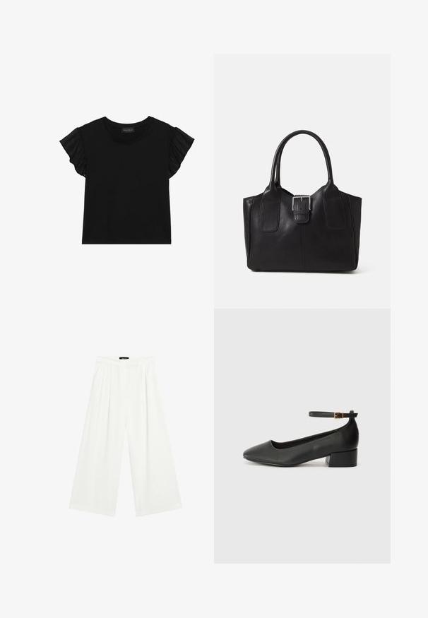 Sort kortærmet t-shirt med transparente flæser ved ærmerne. Rund hals og en tætsiddende pasform lavet af blødt, let stof.; Bredde bukser i hvidt stof med frontfolder, flad talje og en afslappet pasform. Glat tekstur og ingen synlige mønstre.; Sorte læderpumper med spids tå og en lav blokhæl. Har en ankelrem med en guldfarvet spænde. Glat tekstur.; Sort læder tote taske med glat tekstur, struktureret form, to håndtag og en fremtrædende sølvspænde detalje på forsiden.