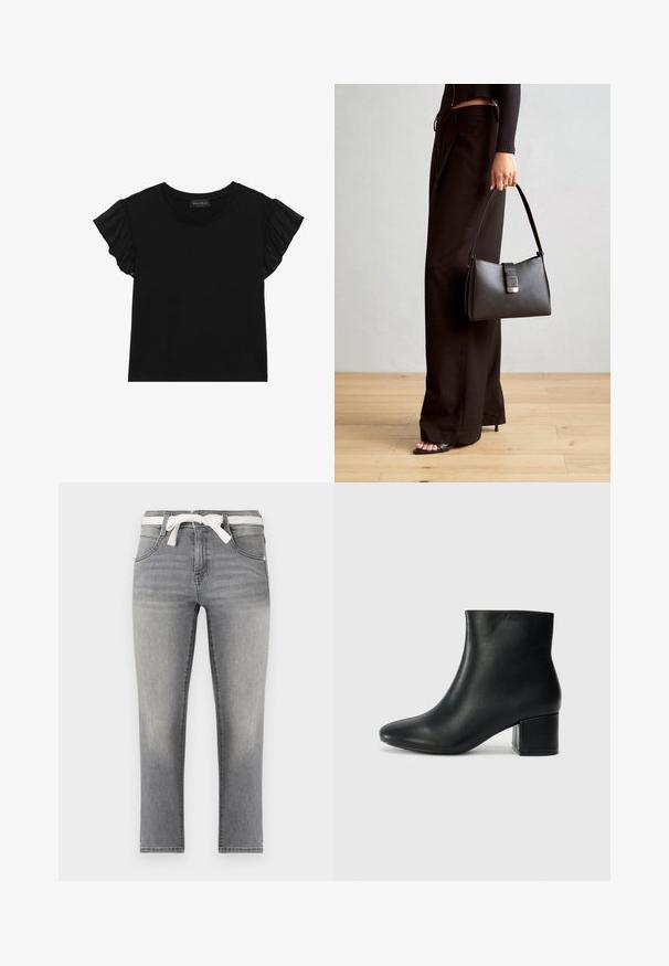 Svart kortärmad t-shirt med transparenta volanger vid ärmarna. Rund hals och en figurnära design i mjukt, lätt tyg.; Grå denim jeans med rak passform, utrustade med ett randigt bälte, framfickor och subtila blekningar på tyget.; Svarta läderankelstövlar med spetsig tå och kraftig klack. Slät textur med minimala accenter och en stilren, åtsittande design.; Svart handväska med strukturerad form, slät yta och metallspänne. Matchad med vida svarta byxor och sandaler med öppen tå på trägolv.