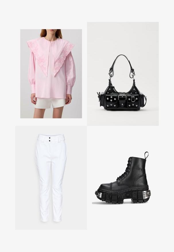Pink blouse featuring a large, embroidered collar with floral patterns, long sleeves, and gathered cuffs, paired with white shorts.; White tailored trousers with a slim fit, featuring a smooth texture, two black buttons at the waistband, and a cropped length.; Black leather combat boot with high top, round toe, thick textured sole, silver hardware accents, and distinctive tread pattern.; Black leather handbag with a curved design, featuring silver studs, a buckle, and two side pockets. Adjustable strap for carrying options.