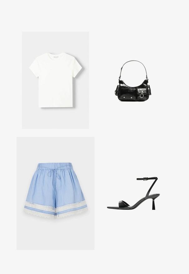 Valkoinen puuvillapaitoja, jossa on pyöreä pääntie ja lyhyet hihat. Yksinkertainen muotoilu, sileä pinta, ei kuvioita tai korostuksia.; Vaaleansiniset raidalliset shortsit pehmeästä kankaasta, joissa on pitsireunus helmassa, joustava vyötärönyöri ja rento malli.; Bershka Korolliset sandaalit - black; Mustekko mustasta kiiltonahasta valmistettu käsilaukku, jossa on kaareva muoto, yksi olkahihna, etutaskut ja hopeanväriset yksityiskohdat.