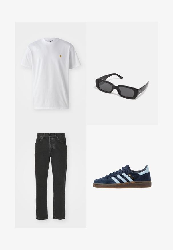 White cotton t-shirt with short sleeves, crew neck, featuring a small gold logo on the left chest area. Soft texture and regular fit.; Black denim jeans with a straight leg design, classic five-pocket styling, button waistband, and faded finish. Smooth texture, no visible patterns.; Navy blue suede Adidas sneaker with light blue stripes, gum sole, light blue heel tab, and gold "Spezial" branding on the side.; Black rectangular sunglasses with dark lenses, smooth plastic frames, and wide arms. Subtle branding on the side.