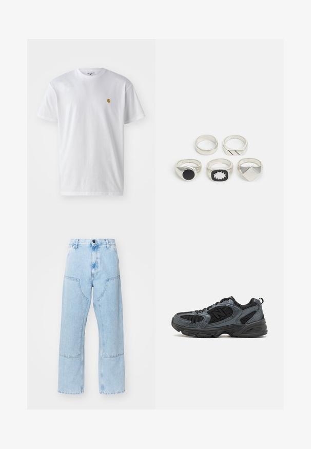 Balta medvilnės marškinėliai su trumpomis rankovėmis, apvalia iškirpte, kuriuose kairėje krūtinės pusėje yra mažas auksinis logotipas. Minkšta tekstūra ir reguliari forma.; Šviesiai mėlyni, tiesių kojų džinsai su didelėmis priekinėmis kišenėmis ir kontrastinga siuvimo linija. Audinys yra išblukęs, minkštas.; Juodi ir pilki sportiniai bateliai su tekstūruoto tinklo viršumi, guminiais padais ir palaikančia konstrukcija. Yra logotipas ir raištelių sistema.; Penki sidabro žiedai: vienas su juodu apvaliu akcentu, vienas su baltai-juodu geometriniu raštu, o kiti su įvairiomis formomis ir apdailomis.