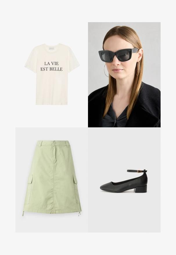 T-shirt de algodão em creme, com mangas curtas e decote redondo. Apresenta o texto preto "LA VIE EST BELLE" centralizado na parte da frente.; Saia de algodão verde claro até ao joelho, com dois bolsos laterais tipo cargo, fecho com botão e um corte relaxado e reto. Textura lisa.; Sandal de pele preta com bico pontiagudo e um salto bloco baixo. Apresenta uma tira no tornozelo com uma fivela em tom dourado. Textura suave.; Óculos de sol pretos em formato de gato com lentes escuras, armações grossas e acentos subtis. Usados com um casaco preto e uma blusa cinza, apresentando cabelo longo e liso.