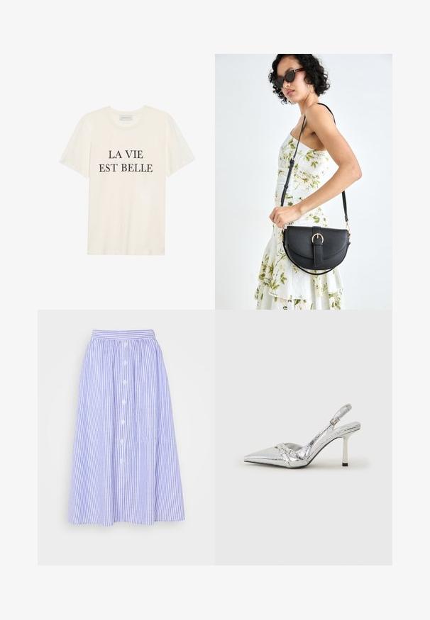 Krémové bavlněné tričko s krátkým rukávem a kulatým výstřihem. Na přední straně se nachází černý text "LA VIE EST BELLE" umístěný uprostřed.; Světle modrá a bílá pruhovaná sukně střední délky, s nařaseným pasem, knoflíkovým zapínáním a jemnou texturou.; Stříbrná slingback vysoká podpatková bota s špičatou špičkou, metalickým povrchem, dvěma Dekorativními pásky a štíhlým podpatkem s černým hrotem.; Černá kožená kabelka s křivkovým tvarem, odnímatelným popruhem a zlatými detaily. Kabelka má klopu s přezkou.