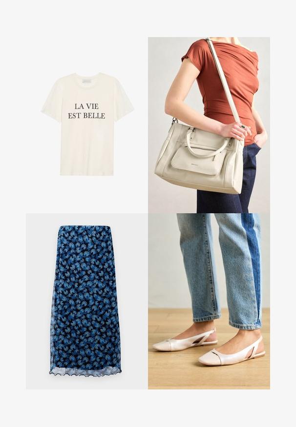 Kremfarget bomulls T-skjorte med korte ermer og rund hals. Har svart tekst "LA VIE EST BELLE" sentrert på fronten.; Blomstrete skjørt i marineblått med lyseblå tusenfryd-mønster, gjennomsiktig stoff, bølget kant og rett silhuett.; Lys rosa slingback leiligheter med spiss tå, laget av et glatt, læraktig materiale. Har utskjæringer på sidene og lav hæl.; Hvit skinnveske med doble håndtak og avtagbar stroppe, med en frontlomme med glidelås og glatt tekstur. Bært på en persons arm.