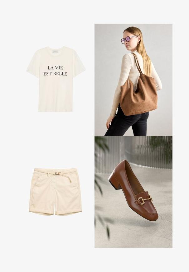 Crème-kleurig katoenen T-shirt met korte mouwen en een ronde hals. Voorzien van zwarte tekst "LA VIE EST BELLE" gecentreerd op de voorkant.; Beige korte broek van katoen met een geweven riem, vier zakken en omgeslagen zomen, met een schone, gladde textuur overal.; Bruine lakleren loafer met vierkante neus, metallic kettingaccent en lage blokhak; gladde textuur, minimalistisch ontwerp.; Bruine suède totebag met zachte textuur, grote opening en lange hengsels. Het heeft een eenvoudig ontwerp met zichtbare stiksels en geen hardware.