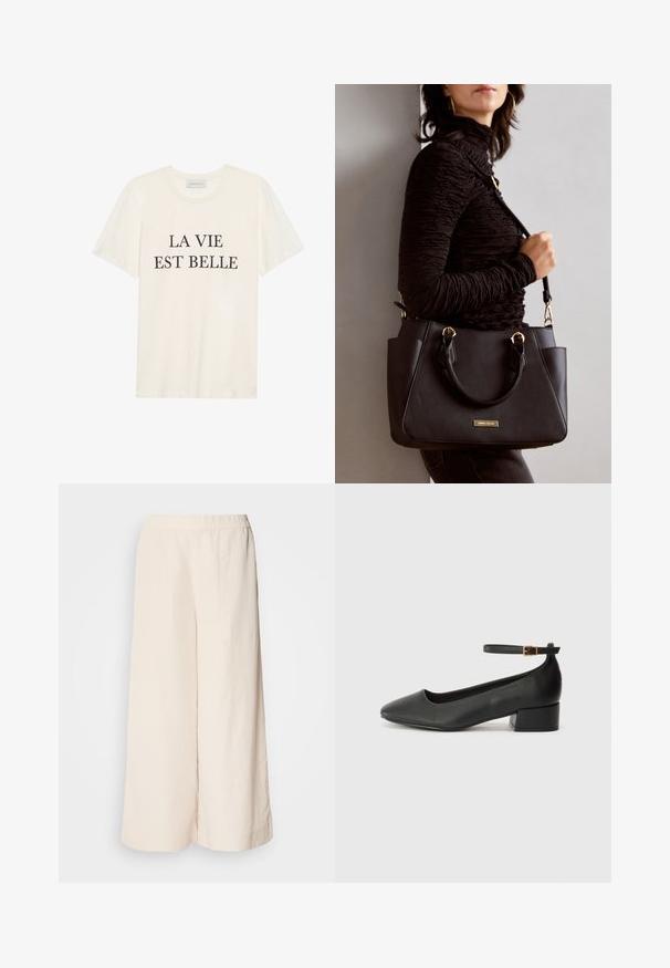 Cream-colored cotton T-shirt with short sleeves and a round neckline. Features black text “LA VIE EST BELLE” centered on the front.; Cream wide-leg trousers with an elastic waistband, featuring a relaxed fit and smooth texture, suitable for casual wear.; Black leather pump with a pointed toe and a low block heel. Features an ankle strap with a gold-tone buckle. Smooth texture.; Black handbag with textured surface, dual top handles, and adjustable shoulder strap. Features gold-tone hardware and side pockets.